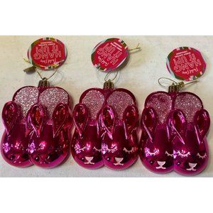 Set of 3 Packed Party Shiny Pink Bunny Slipper Christmas Ornaments (NWT-READ)